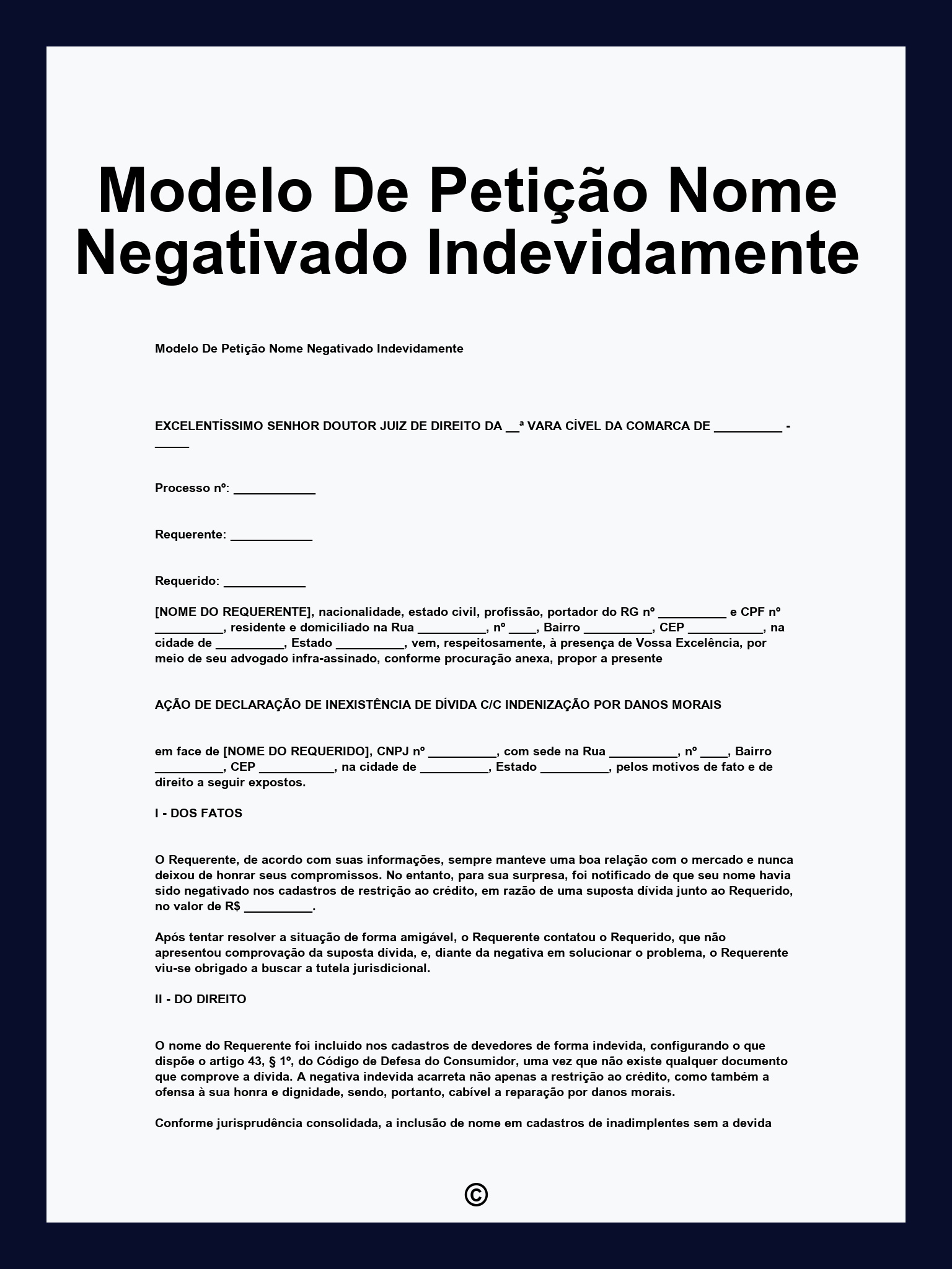Modelo De Petição Nome Negativado Indevidamente